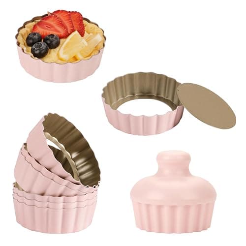 LIFVCNT 1 Inch Deep Mini Tart Pan Set, 6PCS 3.6 Inch Tart Pans with Removable Bottom and Tart Tamper, Nonstick & Durable Bakeware, Ideal for Mini Pies, Tarts, Quiches, Cheesecakes, (Pink) - Image 1