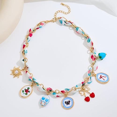 LILIE&WHITE Gold Charms Necklace for Women Bandana Necklace with Colorful Charms Necklaces Beach Jewelry Gift thumbnail 5