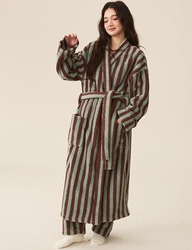 Arssm Womens Striped Fluffy Robe Long Plush Bathrobes Fuzzy Warm Cozy Thick Loungewear Maxi Robe thumbnail 6