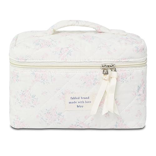 GISMTR Makeup Bag, Floral Quilted Cosmetic Bag, Large Travel Aesthetic Make up Bag, Cute Coquette Toiletry Bag for Women Girls - Image 1
