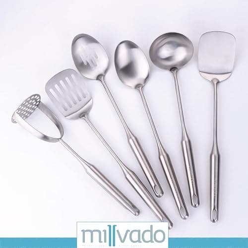 Millvado Stainless Steel Kitchen Utensil Set, Cooking Utensils, Set of 6 Kitchen Tools, Solid Spoon, Slotted Spoon, Solid Turner, Slotted Turner, Soup Ladle, Potato Masher, Dishwasher Safe thumbnail 7