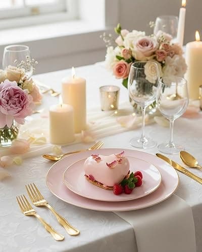 PULOTE 100PCS Pink Plastic Plates - Heavy Duty Pink and Gold Disposable for Party, Wedding, Valentines & Galentines Day, Include 50 Each (Dinner & Dessert) Plates thumbnail 2