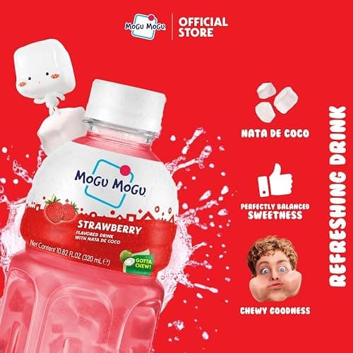Mogu Mogu Strawberry Juice Drink with Nata de Coco (Coconut Jelly) – Chewy Fruit Beverage for Kids & Adults, 6 Pack Bottles, 10.82 fl oz Each thumbnail 3