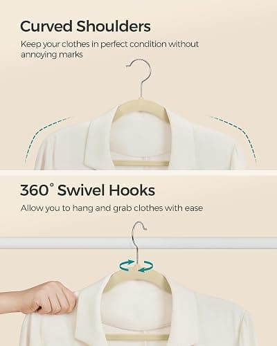 SONGMICS Velvet Hangers, Non-Slip Clothes Hangers with Shoulder Notches, Pants Bar, 360° Swivel Hook, Space-Saving, for Closet, 50 Pack, Summer Sand UCRF029K05 thumbnail 7