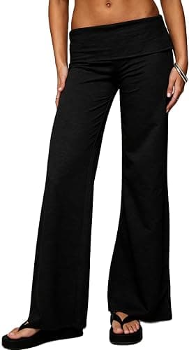 Yiulangde Women Fold Over Pants Low Rise Yoga Flared Leggings Y2k Bottoms | Wide Leg Foldover Pants,Cotton Flare Leggings,Straight Leg Workout Yoga Pants,Cute Sweatpants,Pajama Lounge Work Pants Women - Image 1