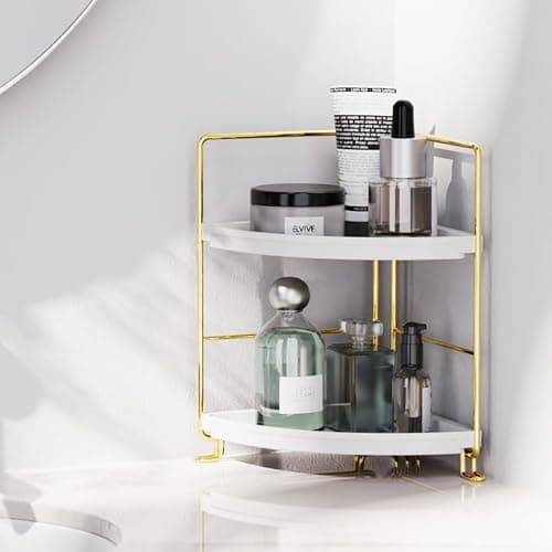 FSyueyun 2-Tier Corner Bathroom Counter Organizer, Tool-Less Installation Vanity Shelf Small Plastics Countertop Makeup Tray Skincare Perfume Organizers (Gold) thumbnail 6