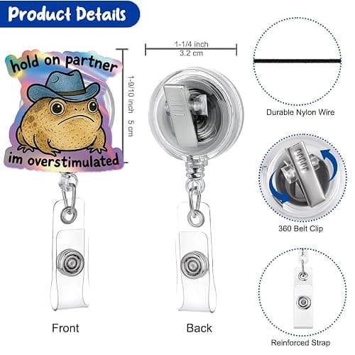 Funny Badge Reel, Cute Cowboy Frog ID Badge Reels Retractable Holder Glitter with Alligator Clip for Pediatric Decorative Nurse Nursing Office Worker Student Teacher Mental Health Doctor thumbnail 3