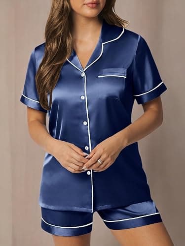 small LILLUSORY Silk Satin Pajama Set for Women 2 Piece Lounge Pjs Winter Matching Summer Sleepwear Button Down Shirt Shorts thumbnail 7