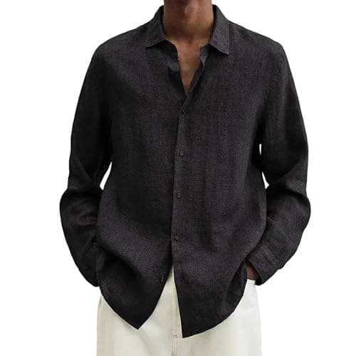 Mens Casual Linen Shirts Long Sleeve Button Down Shirt Hawaiian Vacation Tees Outdoor Plain Beach Collared Tops - Image 1