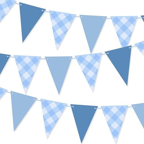 Blue Pennant Flag Banner for Boy Birthday Party Decor, Blue Gingham Triangle Banner Garland for Nautical Wedding Birthday Party Ahoy Achor Bridal Baby Shower Supplies thumbnail 3