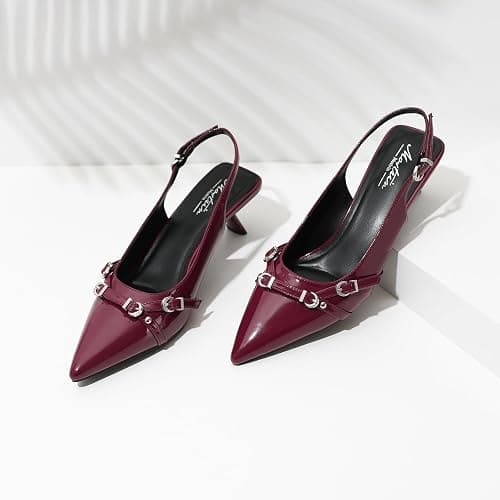 Mostrin Kitten Heels for Women Pointed Toe Pumps Patent Leather Low Heel Slingback Heels with Buckle Dress Shoes for Dating Party Working thumbnail 8