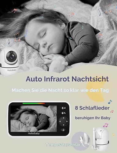 HelloBaby Babyphone mit Kamera, 3500 mAh Akku mit 5 Zoll Bildschirm, 355° Schwenken-120° Neige-Zoomen, Babyfone ohne WLAN, 2 Wege Audio, Temperatur, 8 Schlaflieder, Nachtsicht, HB6550 thumbnail 5