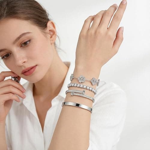 Camhanno Silver Bracelets for Women-4Pcs 18K Gold Plated Love Bangle Tennis Clover Nail Bracelets Stack Set for Women Trendy Non Tarnish Stainless Steel Gold Bangles Accessories Designer Jewelry thumbnail 2