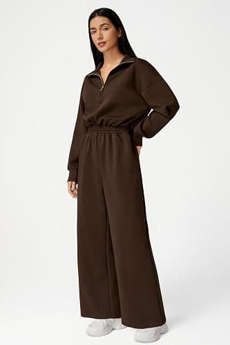 QINSEN Women's AirCotton Long-Sleeve Half-Zip High Waisted Wide Leg Jumpsuit with Pockets thumbnail 3