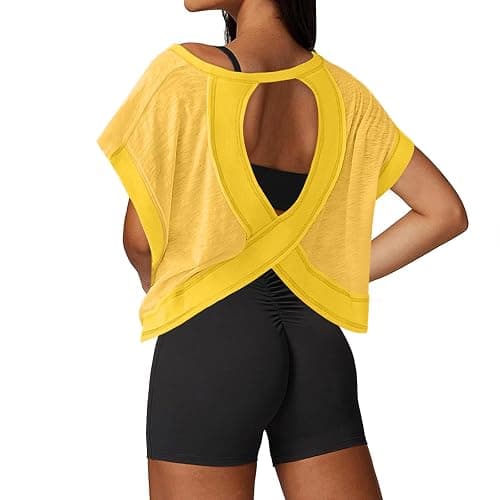 UNIANKIYA Open Back Workout Tops for Women Loose Fit Athletic Crop Tee Short Sleeve Gym Running Yoga Shirt - Image 1