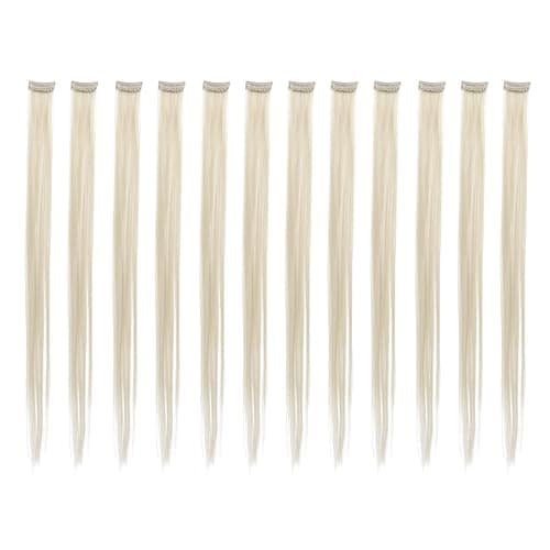SWACC 12 Pcs Straight One Color Party Highlights Clip on in Hair Extensions Colored Hair Streak Synthetic Hairpieces (Platinum Blonde) - Image 1