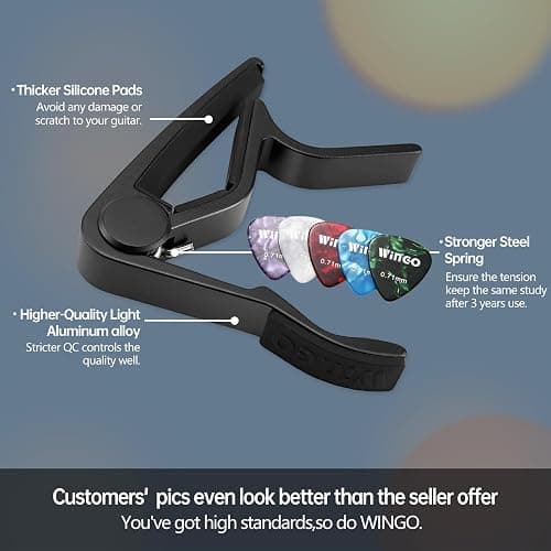 WINGO Professional Capotasto Chitarra Alloy Capo per Chitarra Acustica Elettrica Bass Ukulele con 5 Plettri-Nero. thumbnail 2