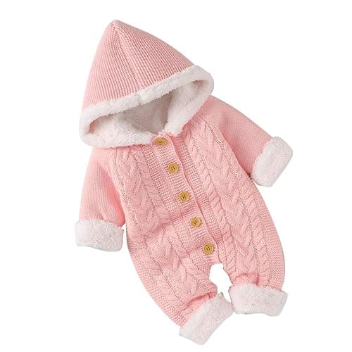Haokaini Neugeborene Baby Kapuze Strick Strampler Fleece Pullover Wärmer Schneeanzug Overall Overalls Onesies Baby Winter Oberbekleidung für Jungen Mädchen - 3-6 Monate - Rosa thumbnail 4