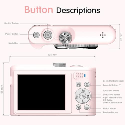 Fansbe Smart Digital Camera, 4K Vlogging Camera with 64MP, Point and Shoot Digital Cameras with 18X Zoom, Anti-Shake, Mode Dial, 32GB SD Card, Card Reader, Charger, Compact Small Cameras, Pink thumbnail 7