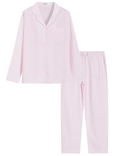 Latuza Women's Cotton Long Sleeve Pajama Set Seersucker Button Down Pj Set - Image 1