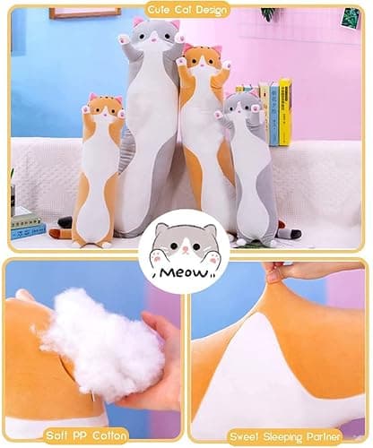 Cute Cat Plush Long Body Pillow Cuddle Cartoon Stuffed Animals Cat Plushie Soft Doll Pillows Gifts for Kids Girls (Orange, 51") - Orange-51 Inch thumbnail 3