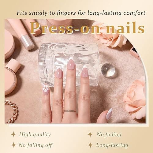 Nude Pink French Press on Nails Short Almond with 3D Flower Design, White French Tip Glossy Press Glue on Nails for Women with Kit, Reusable Soft Gel Stick on Cute Fake Nail with Designs Perfectly Fit thumbnail 3