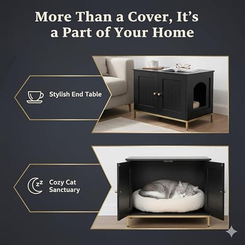 Homhedy Cat Litter Box Enclosure, Cat Washroom Furniture with Metal Frame, Pet House, Fit Most of Litter Box, Modern Style, Black and Gold thumbnail 4