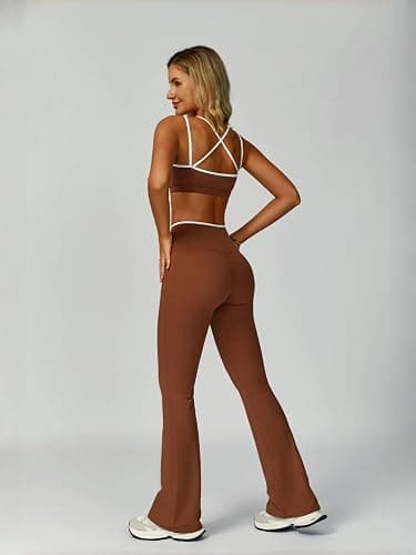 ABOCIW Workout Sets for Women 2 Piece Color Block Strappy Sports Bra High Waist Flare Leggings Gym Yoga Pilates Outfits thumbnail 4