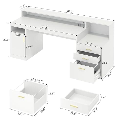 YOMILUVE Computer Desk with 3 Drawer & Storage Shelves, Home Office Desk with File Drawer & Cabinet, Writing Study Table with Long Monitor Stand & Printer Shelf, Executive Desk, White thumbnail 2
