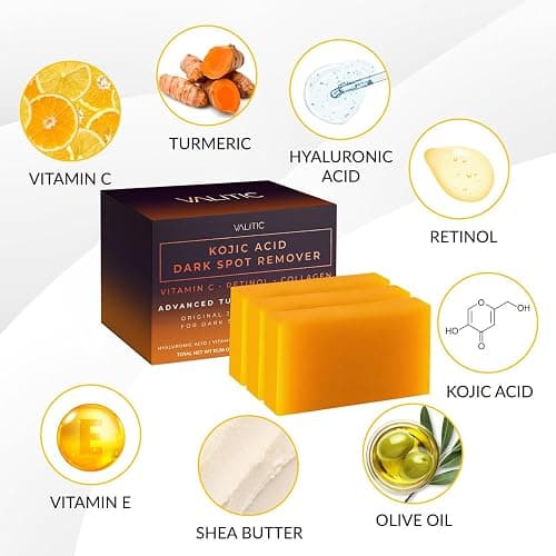VALITIC Kojic Acid Dark Spot Remover Soap Bars with Vitamin C, Retinol, Collagen, Turmeric - Original Japanese Complex Infused with Hyaluronic Acid, Vitamin E, Shea Butter, Castile Olive Oil (3 Pack) thumbnail 5