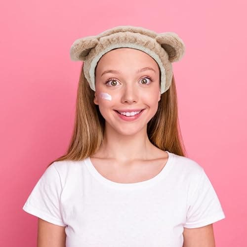Canitor Face Wash Headband with Wrist Towels - Soft Coral Fleece Spa Makeup Headband, Cute Animal Elastic Skincare Design with Bear Ears thumbnail 4
