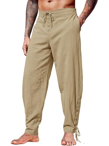 Runcati Mens Medieval Pirate Pants Renaissance Viking Ankle Banded Cotton Pants Lace Up Retro Halloween Costume Trousers - Image 1