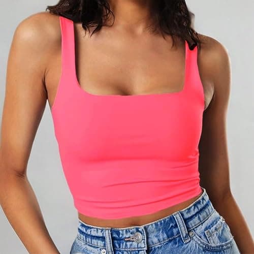 Artfish Women's Sleeveless Strappy Tank Square Neck Double Layer Workout Fitness Casual Basic Crop Tops thumbnail 7
