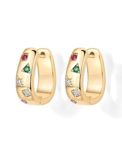 PAVOI 14K Gold Plated 925 Sterling Silver Posts Chunky Huggie Earrings for Women | Multi-Colored Cubic Zirconia Statement Hoop Earrings thumbnail 3