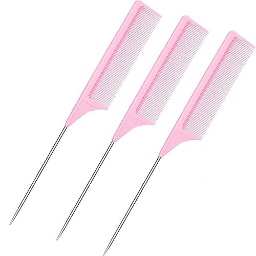 3 Packs 9 Inch Rat Tail Comb Carbon Fiber Heat Resistant Teasing Comb with Metal Pick Styling Parting Lightweight Sectioning Fine Tooth Combs for Women Girls - Pink