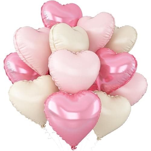 Pink White Heart Balloons,12Pcs Baby Pink Cream Heart Shaped Foil Balloons,18Inch Sand White Helium Balloon for Baby Shower Birthday Anniversary Wedding Party Decorations - Image 1