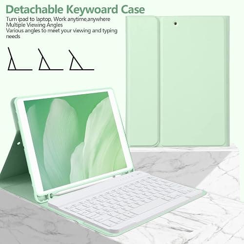 BQSS for iPad 9th Generation Case with Keyboard 10.2 inch, Wireless Detachable Keyboard for iPad 9th/8th/7th, for iPad Air 3rd Gen/Pro 10.5 inch Flip Stand Case with Built-in Pencil Holder (Green) thumbnail 4