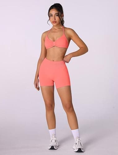 ABOCIW Womens Seamless Workout Sets 2 Piece Strappy Halter Sports Bra Scrunch Butt Shorts Gym Yoga Outfits thumbnail 5