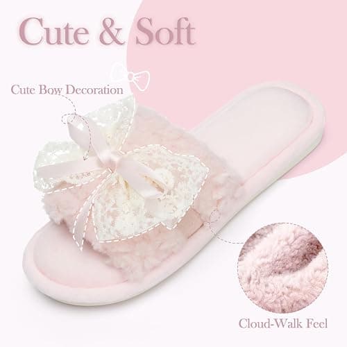 GOEWY Women's Open Toe Memory Foam Slippers -Cute Fuzzy Shoes with Lace Bow | Soft Plush House Slides for Indoor and Outdoor Comfort, Summer Cozy Non-Slip Gifts for Women Mom Ladies thumbnail 5