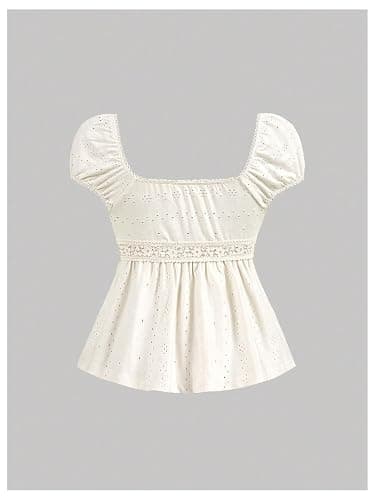 SOLY HUX Women's Short Sleeve Babydoll Tops Cute Summer Blouse | Peplum Top for Teen Girls, Square Neck, Lace Tops, Summer T Shirts thumbnail 2