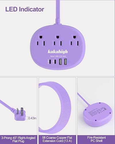 Purple Extension Cord with USB C - 5 FT Flat Power Strip, 1625W Cute Extension Cord with 3 AC Outlet 4 USB (24W/4.8A), Compact for Cute Purple Kawaii Lavender Accessories thumbnail 3