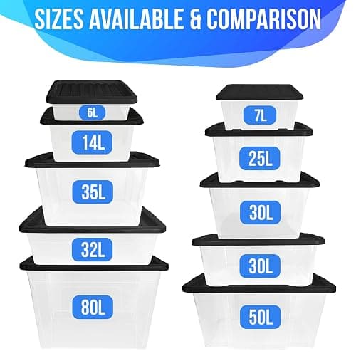 KAPCO 80L Plastic Storage Box with Black Lid (Pack of 3) | Large, Stackable, Strong, Durable Clear Box Containers for Home & Office | Multipurpose Storage Tubs | 57 x 40 x 40cm | 80 Litre - 3 Pack thumbnail 3