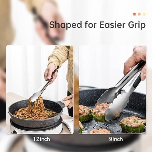 9 & 12 Inch Kitchen Tongs, Stainless Steel Metal Tongs Cooking Tongs, for Cooking Barbecue, BBQ Grilling, Buffet Serving (9"+12") thumbnail 3