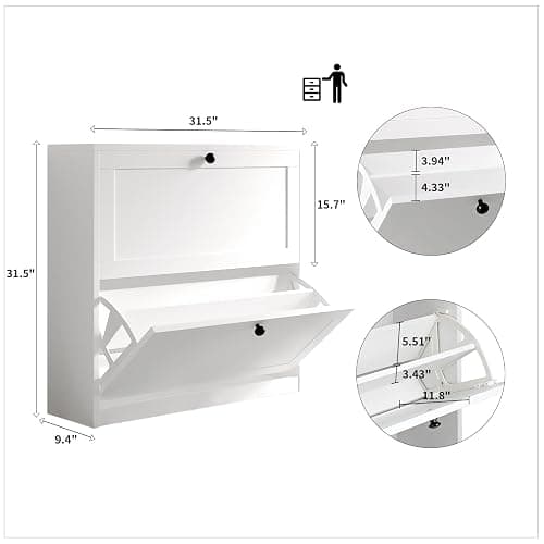 VOWNER Shoe Cabinet with 2 Flip Drawers, Freestanding Shoe Storage Cabinet with Adjustable Shelf & Anti-Tipping Device, Shoe Rack for Entryway, Hallway, Living Room (White) thumbnail 2