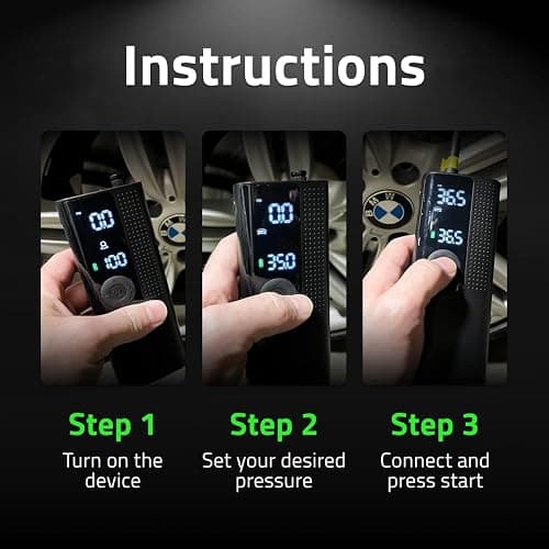 Airmoto Tire Inflator Portable Air Compressor - Air Pump For Car Tires with Digital Pressure Gauge, LED Light and Auto Shut-Off Function - Cordless Pump for Car, Motorcycle, Bicycle, Ball thumbnail 5