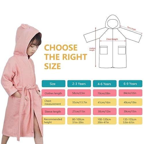 Kids Hooded Bathrobe 100% Cotton Pajama Robe, Boys and Girls Soft Towel Morning Gown, 2-9 Spa Hooded Toddler Long Bathrobe thumbnail 8
