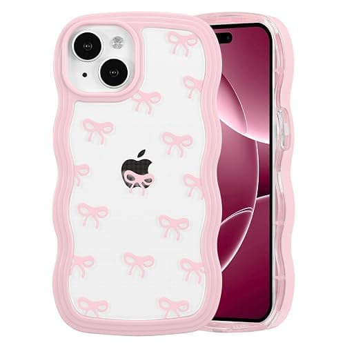 QLTYPRI Bow Case for iPhone 13/iPhone 14 Wavy Fame, Pink | Clear Cute Ribbon Bow Phone Case,Curly Wave Aesthetic Design,Slim Soft Transparent Shockproof Protective Case for Women Girl thumbnail 9