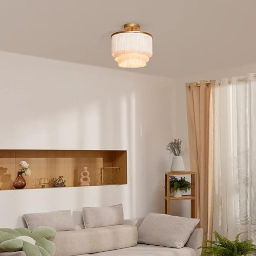 Globe Electric 65892 1-Light Flush Mount Ceiling Light, Matte Gold, White Fabric Fringe Shade, Bulb Not Included thumbnail 2