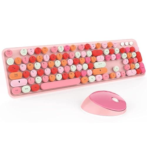 KOOTOP Cute Pink Wireless Keyboard and Mouse, 2.4G Retro Round Keycap for PC, Mac, Laptop, Tablet, Computer Windows - Image 1