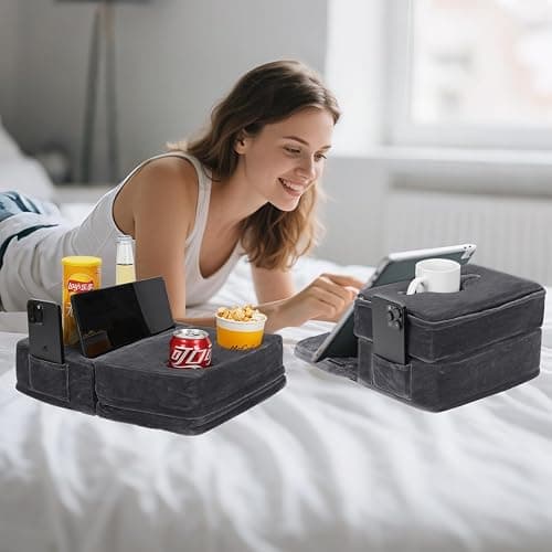 Couch Cup Holder Tray Pillow, Large Sofa Organizer Caddy with 6 Holes and Side Pocket Bed Refreshment Tray for iPad, Drinks, Remotes, Phones, Snacks, Removable & Washable (Grey) thumbnail 2